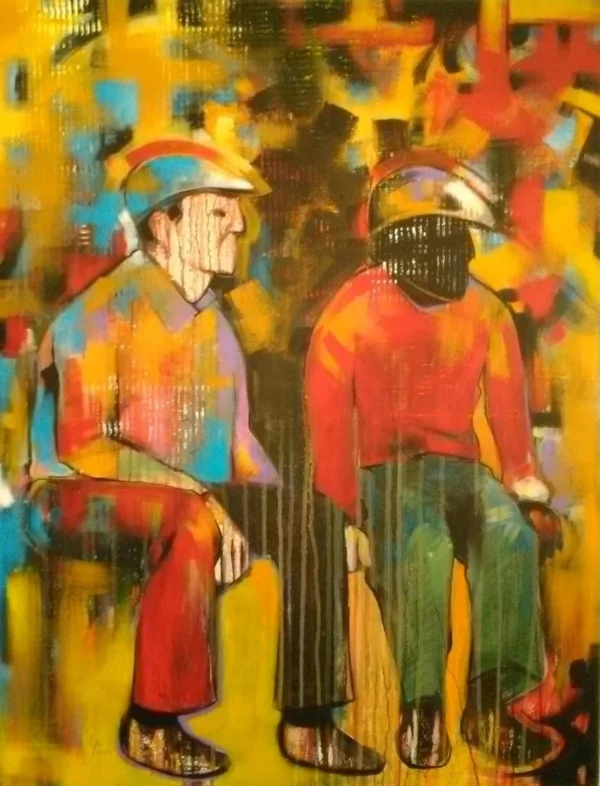 a23 galeria de arte, quadro acrilico para decoração da tua casa ou parede de escritório, pintura em acrílico sobre tela, representando o passar da idade e amizade. Cores acrilicas dominantes vermelho, preto e amarelo.