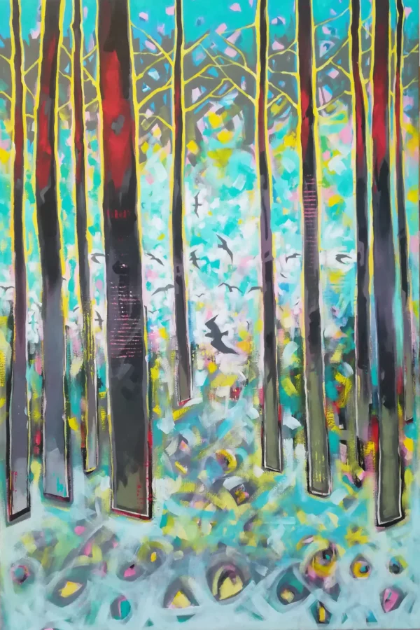 Pintura acrílica sobre tela para a decoração da tua casa. Tendo vários elementos como: árvores e gaivotas. Representando o incêndio do pinhal de Leiria. Azul, cinza e vermelho. Obra de arte que transforma o teu espaço