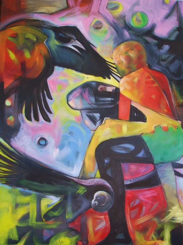 a23 galeria de arte, quadro de decoração da tua casa ou parede de escritório, pintura a óleo, interação entre um homem e um corvo. Cores dominantes preto, vermelho e amarelo. O quadro perfeito no teu espaço.
