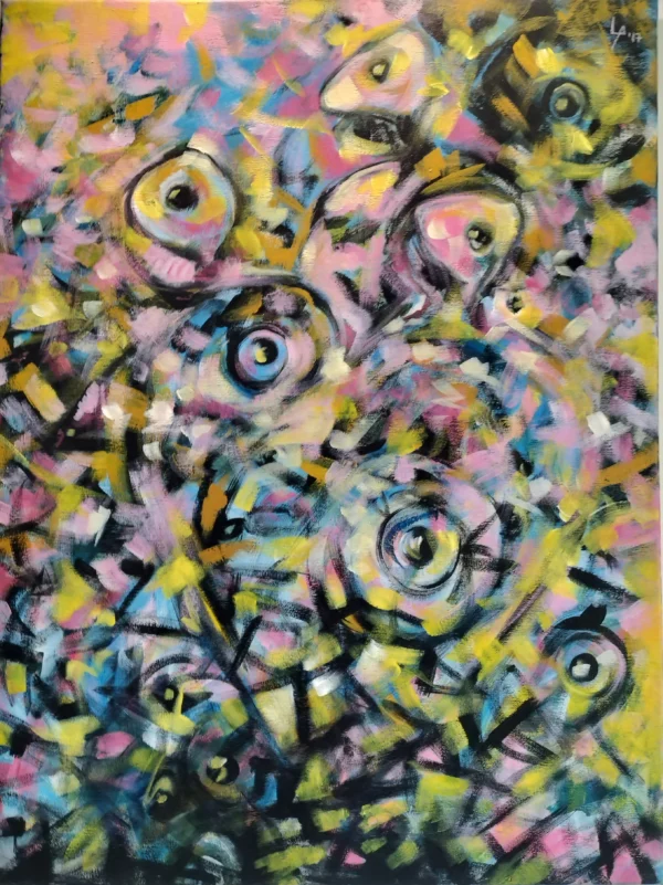 a23 galeria de arte, quadro para decoração da tua casa ou parede de escritório, pintura em acrílico sobre tela, representando a tradição do carapau seco da praia da Nazaré. Cores acrilicas dominantes amarelos, rosa e preto. Fundo abstrato