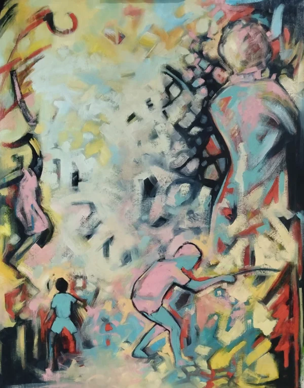 a23 galeria de arte, quadro de decoração da tua casa ou parede de escritório, pintura a óleo. Fundo abstrato. Cores dominantes rosa, azul, amarelo, preto