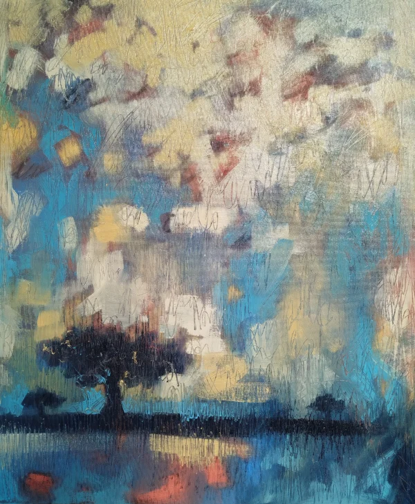 A23 galeria de arte. Pintura a óleo. Away from the sea, retrata a experência de viver no interior. Tem representado sobreiro. Fundo abstrato.