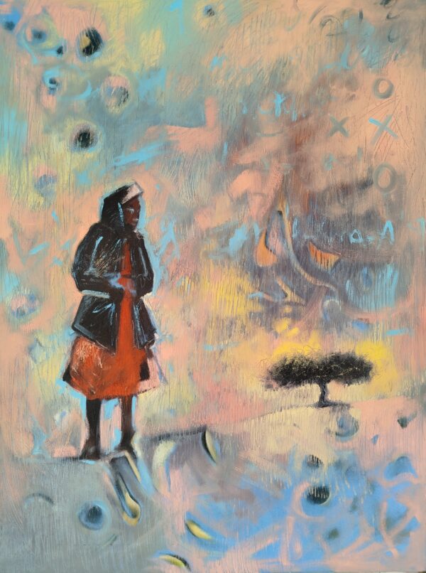 A23 galeria de arte. Pintura a óleo. Away from the sea 3, retrata a experiência de viver no interior. Tem representado sobreiro. Fundo abstrato.