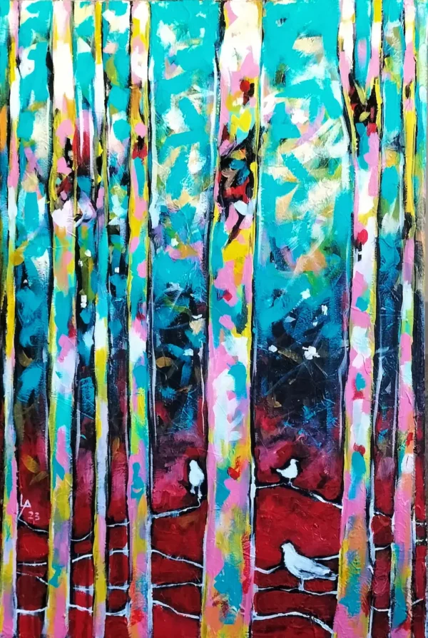 a23 galeria de arte, pintura acrílica para decoração da tua casa ou parede de escritório, pintura em acrílico sobre tela, representando pinhal de Leiria. Cores acrilicas dominantes azul esmeralda, preto, cinzento, amarelo