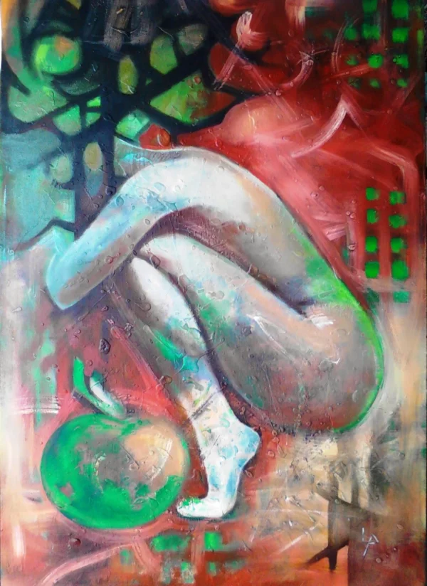 Pintura a oleo e tecnica mista. Título obediência tentadora, dimensoes 100 cm de altura por 80 cm de largura. Materiais usados: tinta de óleo, cola, branca. Uma imagem feminina nua, em posição cocoras, não totalmente visível e colocada de lado para o espectador; cores principais verde e vermelho. Fundo abstrato. Coleçao "metamorfoses"