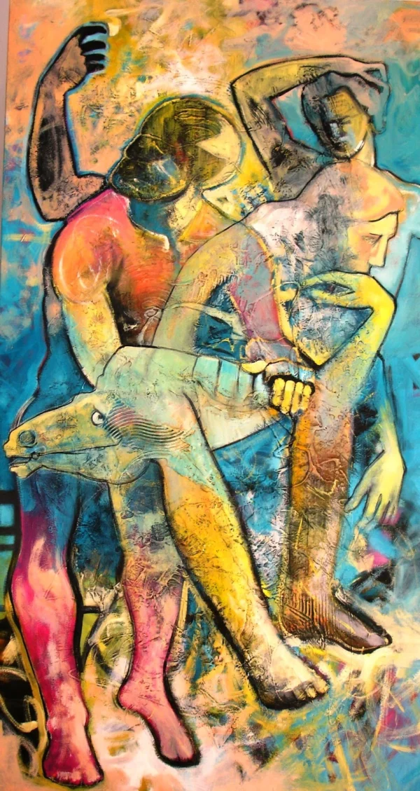quadro a oleo, com o titulo: pausa para reflexão. Coleçao metamorfoses. Corpos humanos e animais entrelaçados. Vermelhos, azuis e amarelos